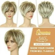 QUEENTAS Short Blonde Pixie Cut Wig for Women, Natural Looking Layered Wig with Bangs, Glueless Easy Wear Synthetic Hair Wig with Adjustable Cap, Brown Root Ombre