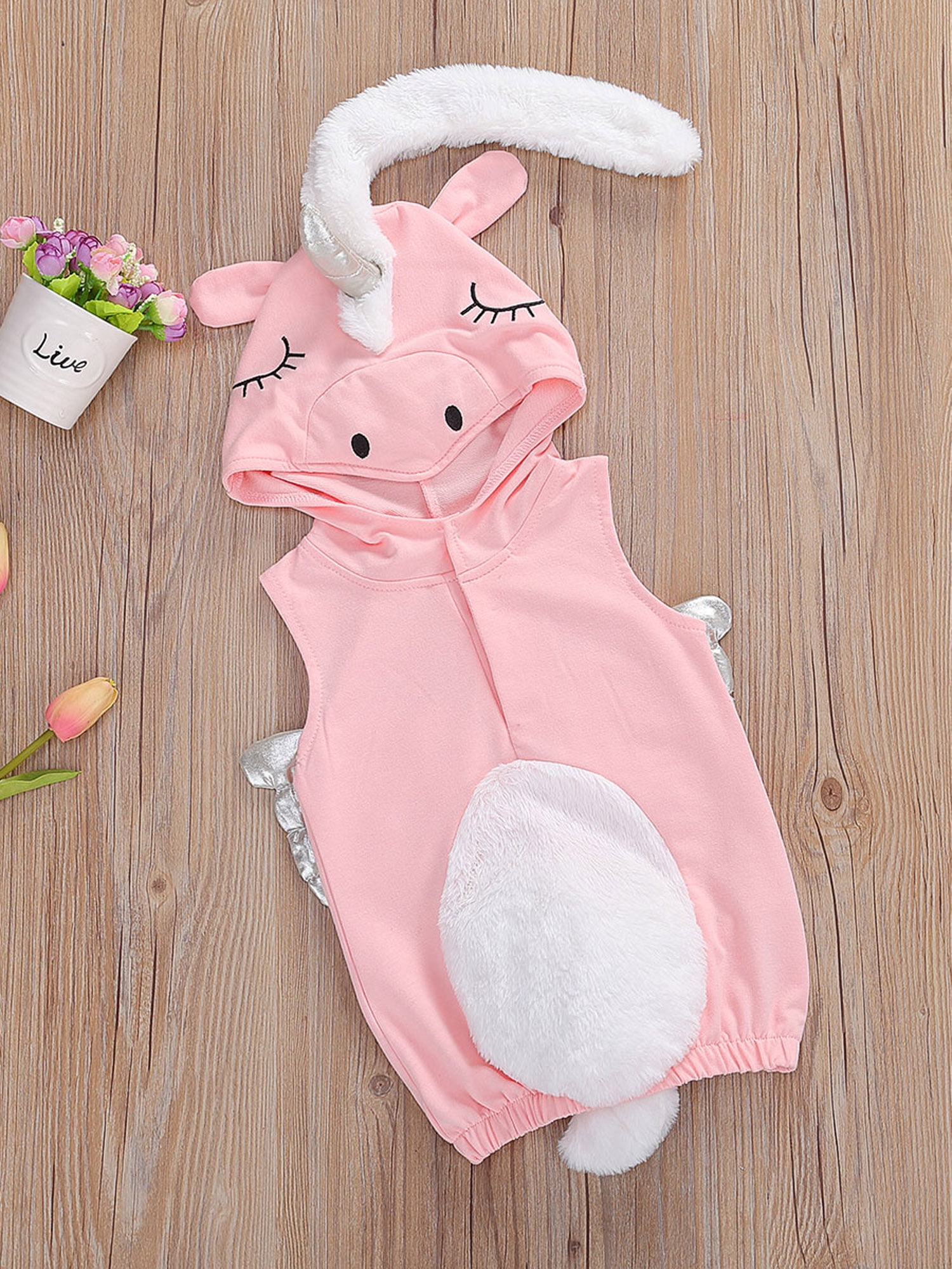 Baby Girls 3D Unicorn Angel Wings Hooded Zipper Romper Jumpsuit Halloween Outfits Clothes Pink White