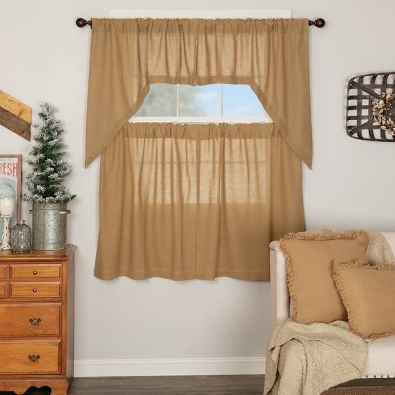 VHC Brands Burlap Natural 4 PC Curtain Set (2 Swag 36x16 and 2 Tier 36x36)