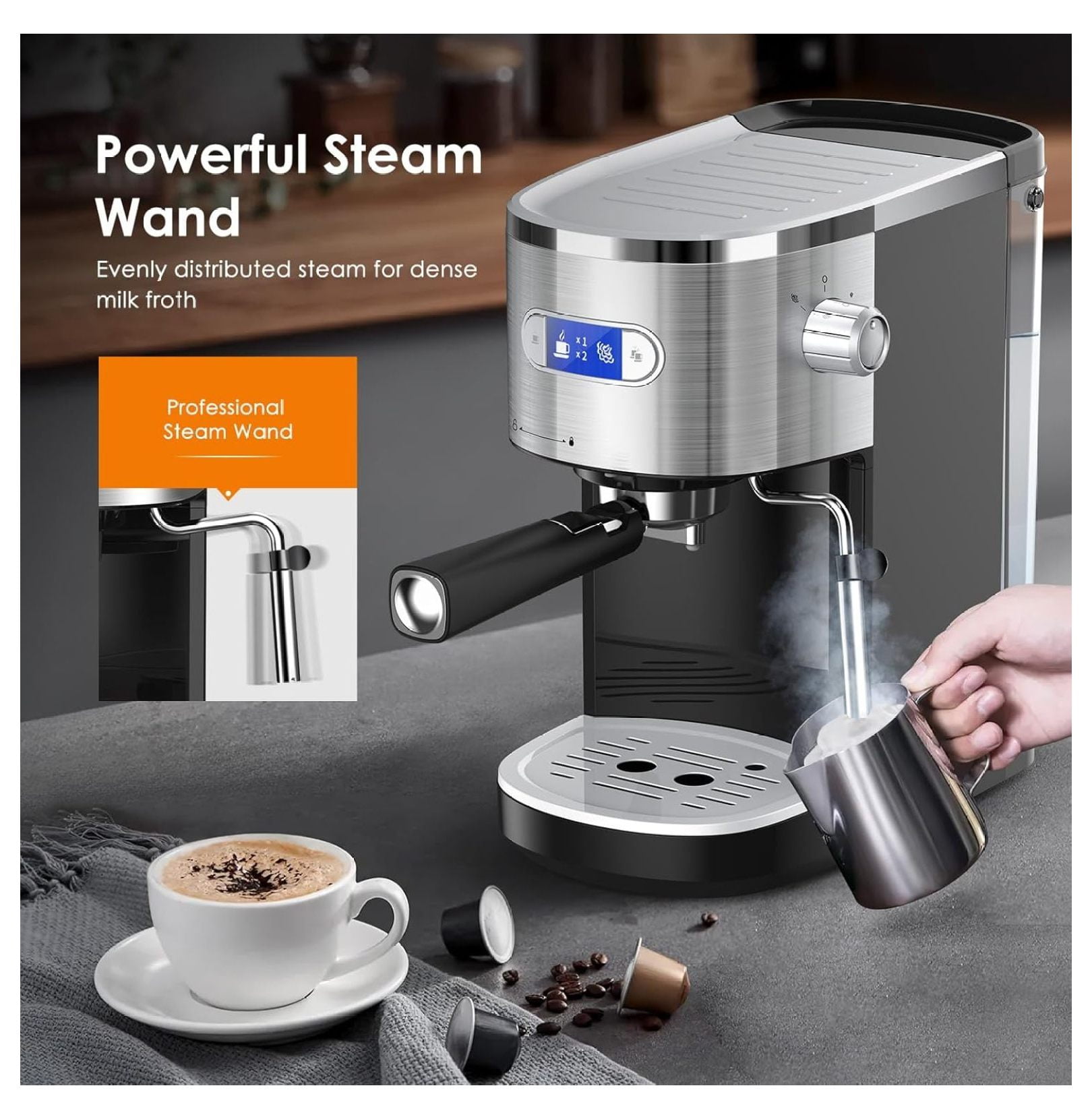 Espresso Machine 20 Bar, Semi-Automatic Espresso Maker with Milk Frother Wand, 45 OZ Removable Water for Cappuccino, Latte, Home