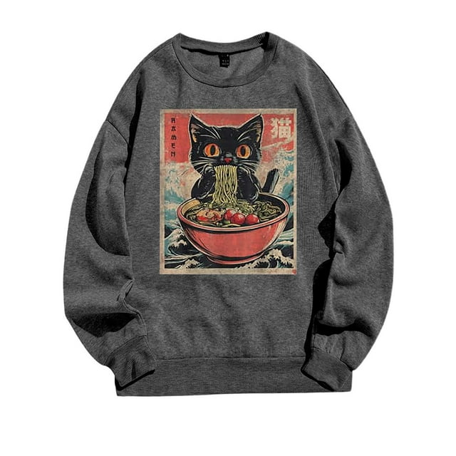 T-Shirts Graphiques Drôles Japonais Chat Ramen Mignons Chandail à Capuchon Anime Crop Tops Femmes Chandail d'Entraînement Imprimé Vache Chandail en Molleton Confortable à Rayures Manches Longues Chandail Décontracté Femmes Couleur