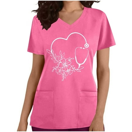 

Scyoekwg Scrubs Tops for Women Clearance Summer Tops Loose Fit Heart Print Graphic Tee Casual V-Neck Working Unifor m Short Sleeve Tunic Tops Tees Tops Pink XXL