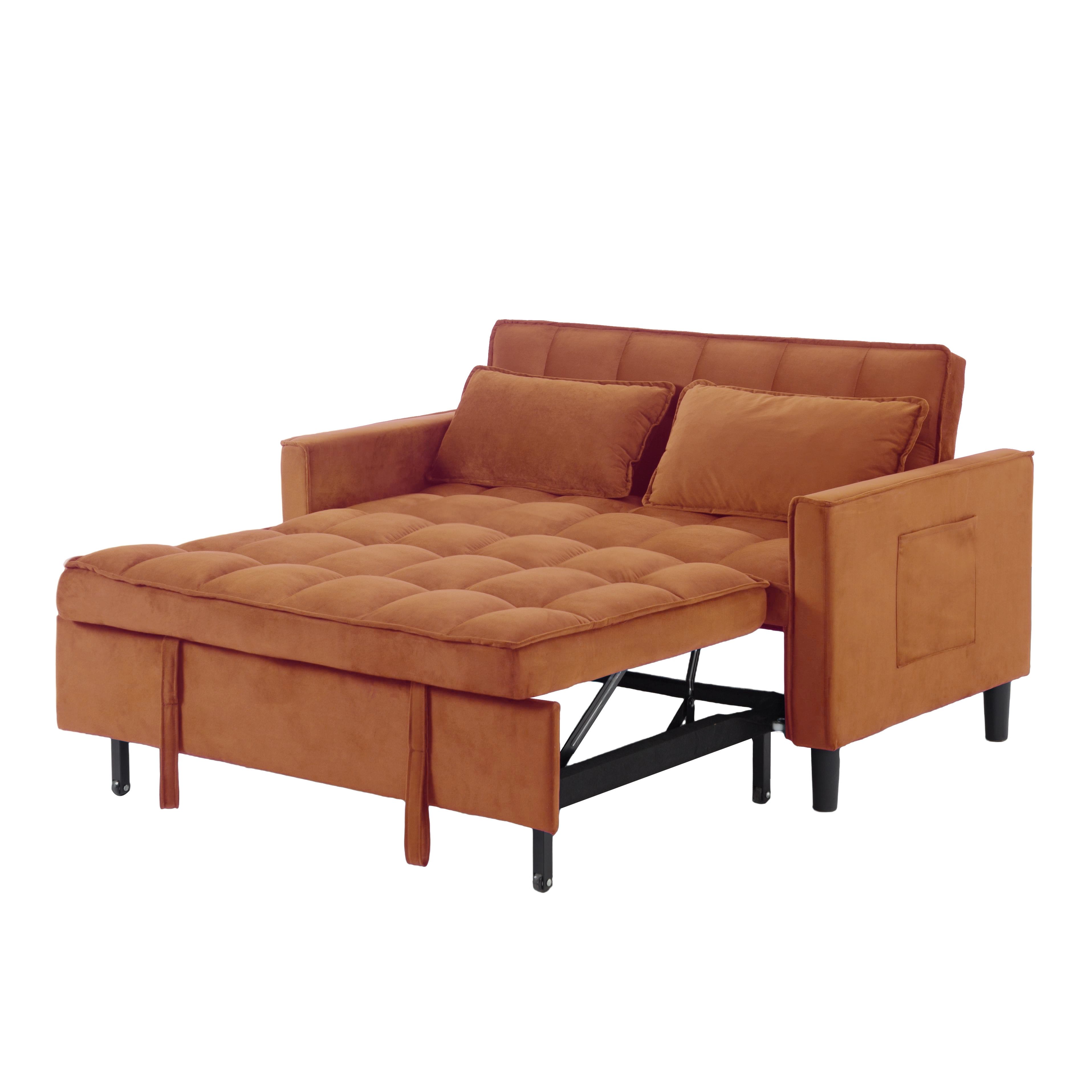 BSHTI 53.94" Pull-Out Sleeper Sofa Bed with Twin Size Bed – Velvet Upholstery, 3-Position Reclining Back, Solid Wood Frame, Side Storage Pocket, for Small Spaces, Apartment, Office,Antique Gold
