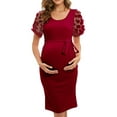 thumbnail image 1 of xiaxaixu Robe pour Femme Enceinte Fleur en Maille Transparente à Manches Courtes Col Ras du Cou Robe Midi Ajustée Robe d'Été Décontractée de Maternité, 1 of 7