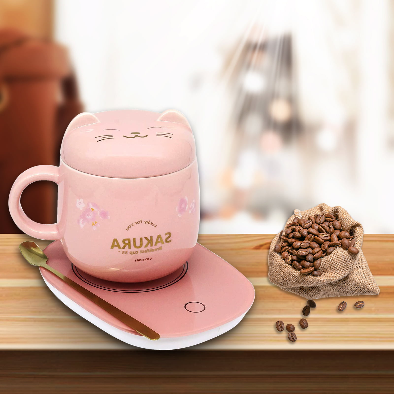 Coffee Mug Warmer Set Milk Cup Warmer Set for Office Home Use Pink with Stainless Steel Spoon and Mug 12.5 oz 