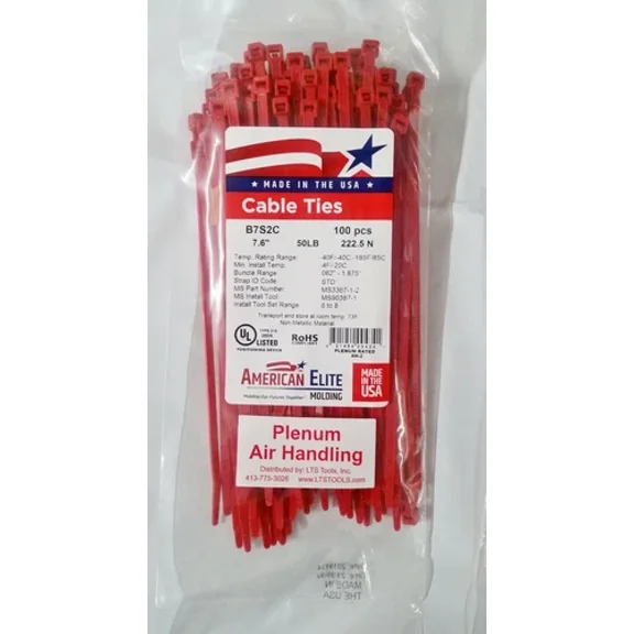 7" Red Plenum Rated Air Handling Nylon Cable Zip Ties 50 Lb, Usa Made, 100 Pk