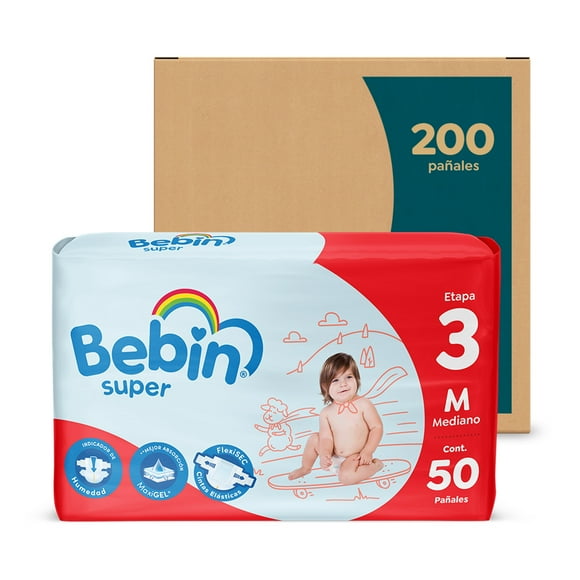 Bebin Super | Pañal bebé, Etapa 3, Mediano (6-10kg), Unisex, Caja con 200 piezas