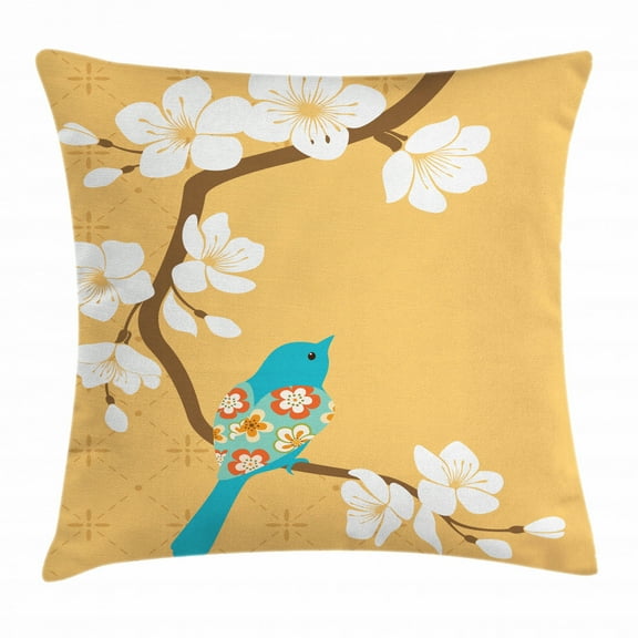 Birds Throw Pillow Cushion Cover, Floral Pattern Winged Sparrow Perching on White Cherry Blossom Branch Spring Nature, Decorative Square Accent Pillow Case, 24 X 24 Inches, Multicolor, by Ambesonne