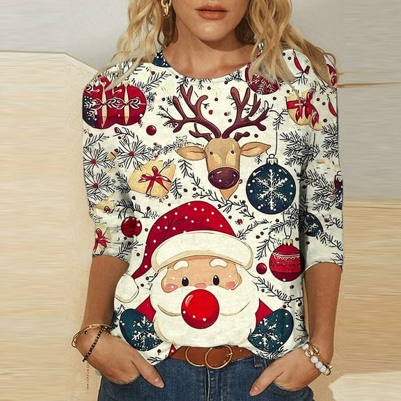 Elvqul Winter Tops for Women Pullover Blouses Crew Neck 3/4 Sleeve Christmas Juniors Tops Soft