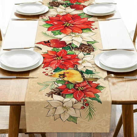

Christmas Poinsettia Cardinal Table Runner Xmas Floral Flower Red Bird Pine Cone Kitchen Dining Table Decoration Funny Holiday Winter Burlap Indoor Outdoor Home Decor Party Supply 13.8x90 Inches