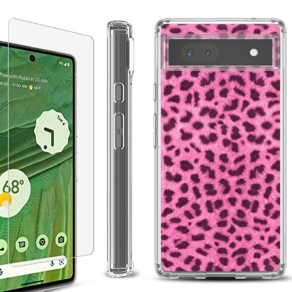 Shockproof Bumper Phone Case for Google Pixel 6a, with Tempered Glass Screen Protector, by OneToughShield ® - Cheetah Pink