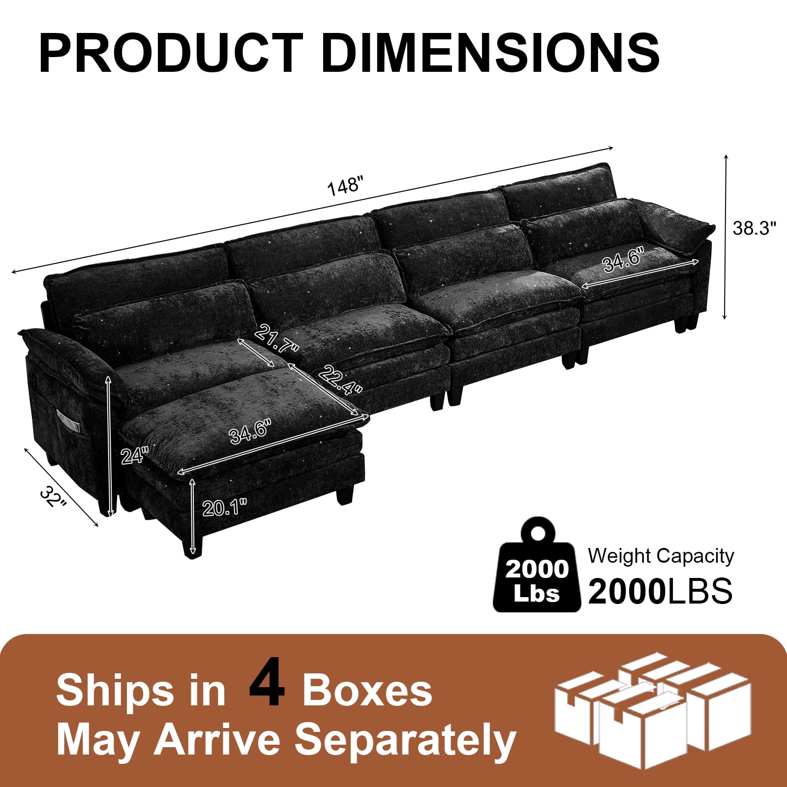 Howcool 148" Modular Sectional Sofa , 4 Seater L-Shaped Cloud Couch with Movable Ottoman, USB Charging Ports & Side Pockets, Sectional couchs for Living Room,Chenille Fabric,Black