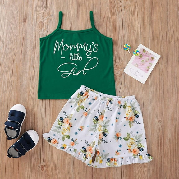AURIGATE Toddler Kids Baby Girls Green Sling Flower Print Shorts Clothes Suit Clearance