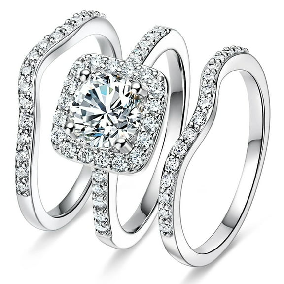 Celvieroot 18K White Gold Plated Cubic Zirconia Three-in-One Halo Wedding Engagement Promise Eternity Ring for Women