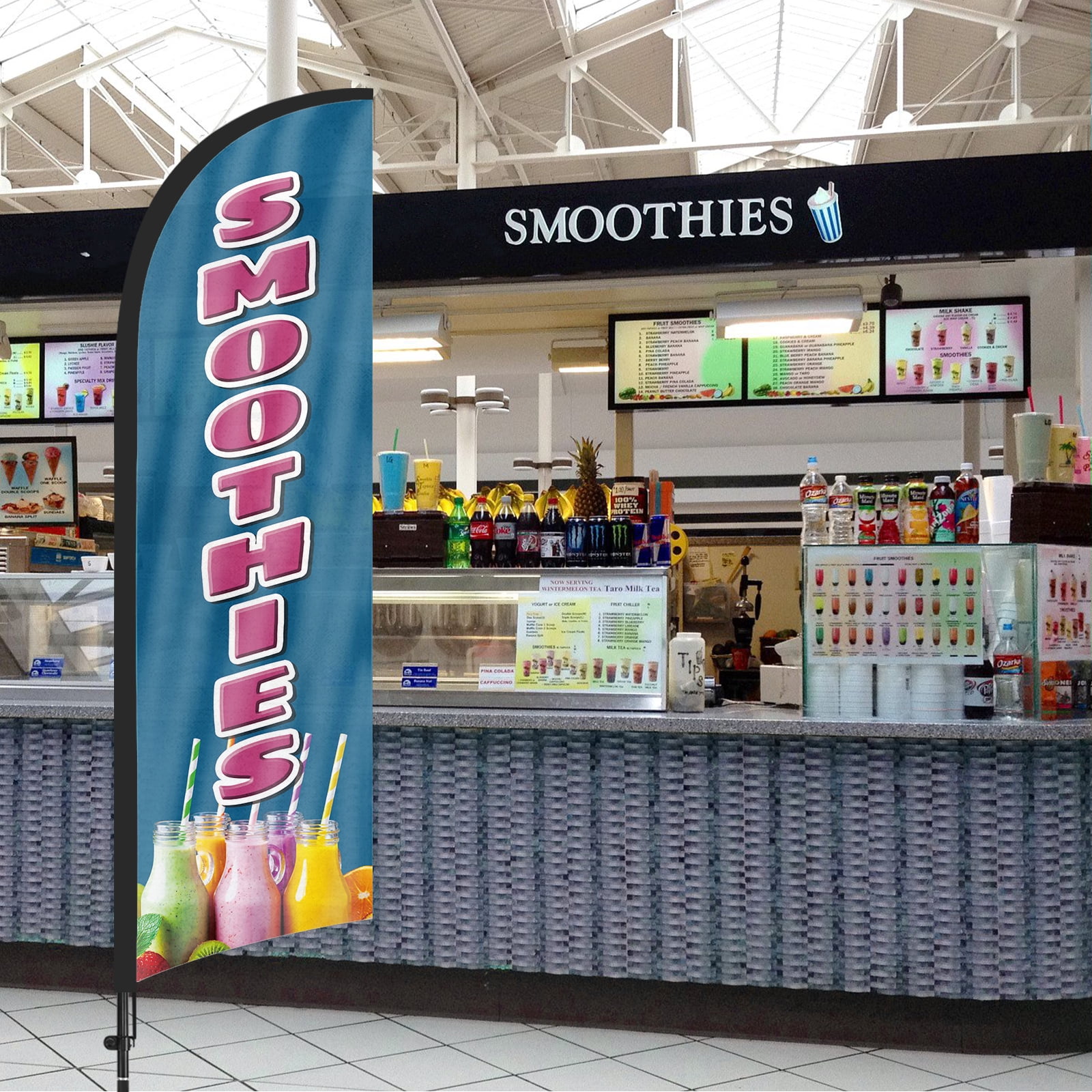 QSUM Smoothie Feather Flag with Flag Pole Kit and Ground Spike, 8.2FT  Ice-Cream Windless Flag Banner Sign Business for Outdoor Advertising Sign Decoration Display