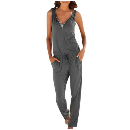 

Fall Clearance! SuoKom Womens Casual Loose Sleeveless Jumpsuit Rompers Women s Plus Size Solid Color Zip V-Neck Cultivate One s Morality Jumpsuit Gray XL