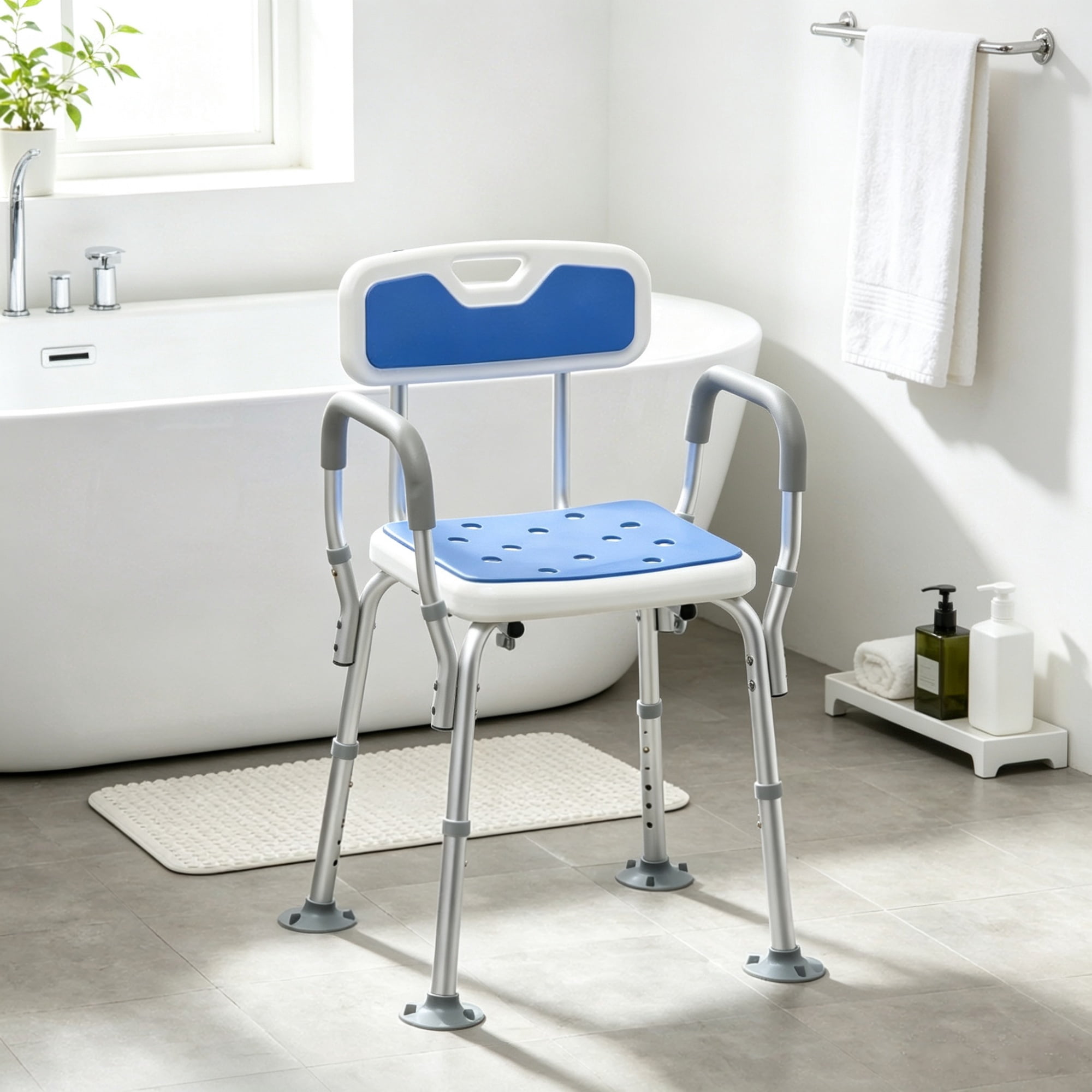 Adjustable Height Padded Shower Chair with Arms And Back Anti-slip Bath Seat for Seniors And Disabled Tool-Free Assembly, 299lbs