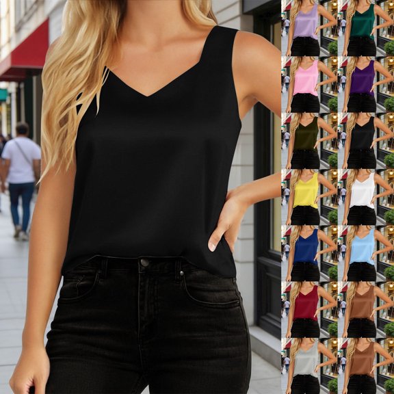LILIYA Womens Tank Tops Trendy Solid Color Summer Tank Tops Adjustable Straps Baggy V Neck Sleeveless Layering Shirts Womens Camisole Ladies Tank Top Undershirts