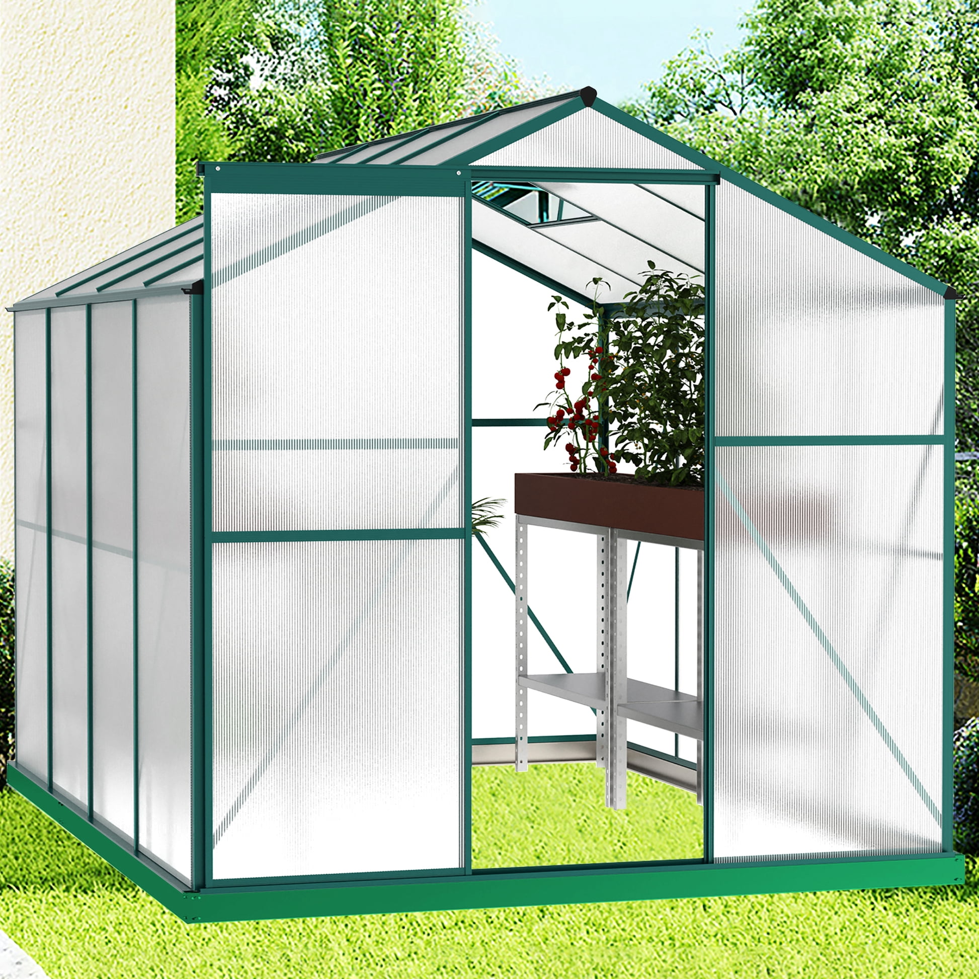 Heavy Duty Polycarbonate Greenhouse, 6'x8', For All Seasons, Ventilation System, Easy Installation Backyard Greenhouse 4mm Twin Panels, Aluminum Frame, Effective Drainage