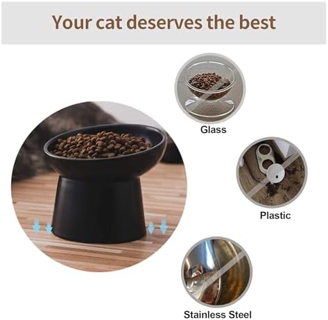 6 inch Small Ceramic Raised Cat Bowls, Tilted Elevated Food or Water Bowls, Stress Free, Backflow Prevention, Dishwasher and Microwave Safe, Lead & Cadmium Free(Black 6 inch-2pc)