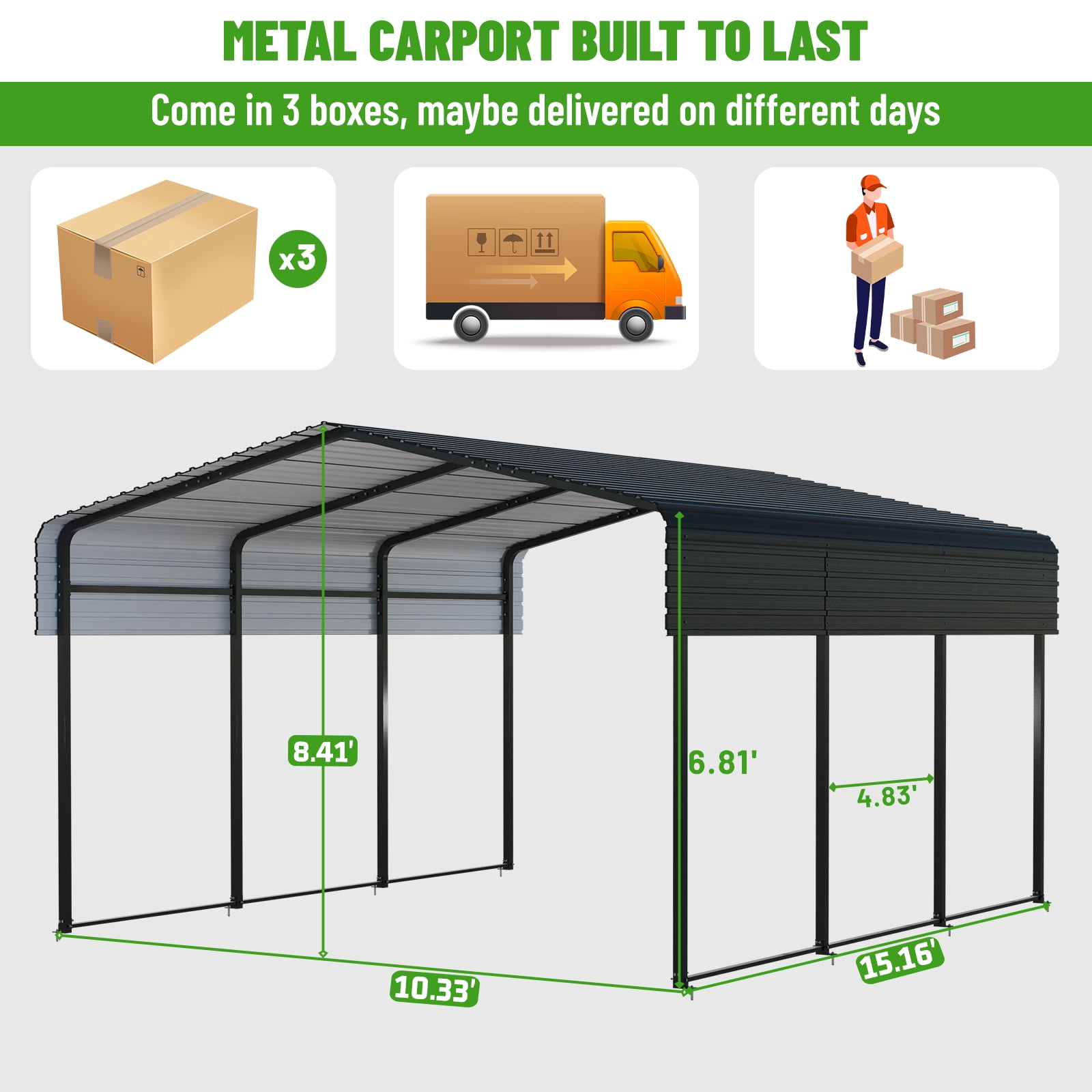 NUGRIART 10x15 FT Heavy Duty Metal Carport,Outdoor Carport Canopy with Galvanized Steel Roof & Reinforced Base for Trucks, Boats,Party