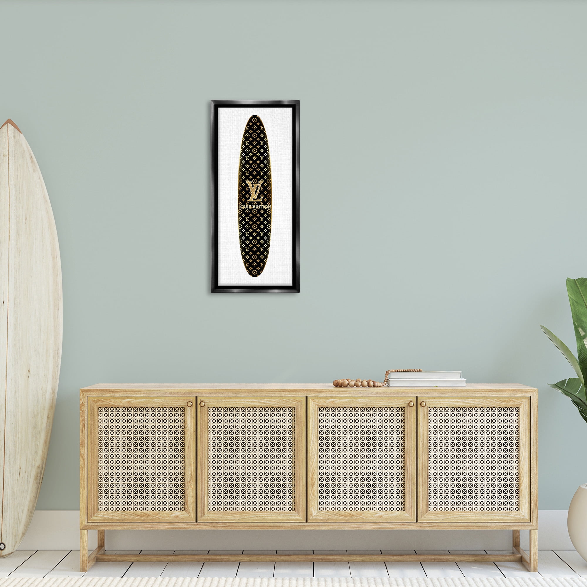 Stupell Industries Designer Brand Surfboard Nature Painting Black Floater Framed Canvas Art Print Wall Art, 14 x 31