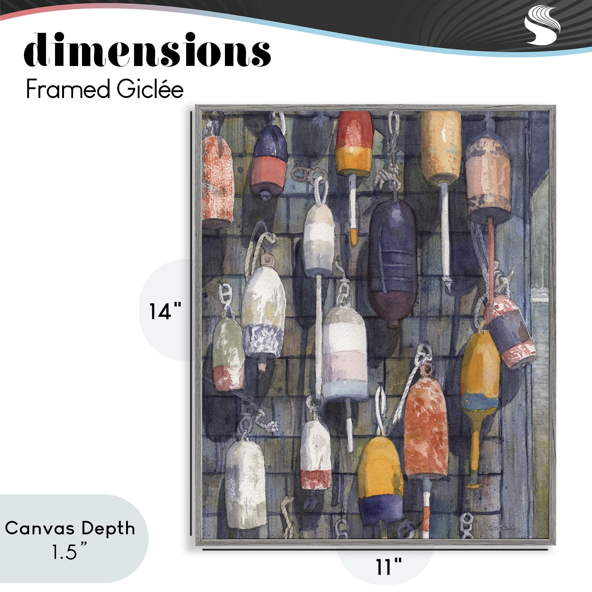 Stupell Industries Watercolor Hanging Buoys Gray Framed Giclee Art, design by Patti Bishop