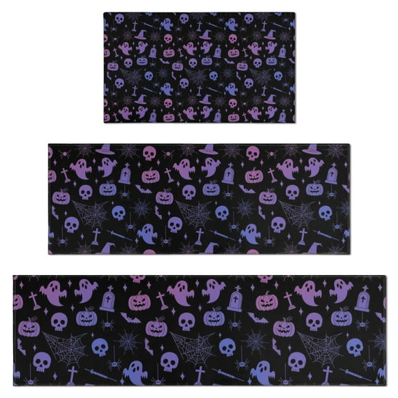 Purple Halloween Ghost Pumpkin Skull Pattern Kitchen Rugs Sets Of 3,Kitchen Runner Rugs Non Skid Washable,Decorative Kitchen Floor Mats for Kitchen,Sink,Laundry,17"x30"  17"x47"   17"x59"