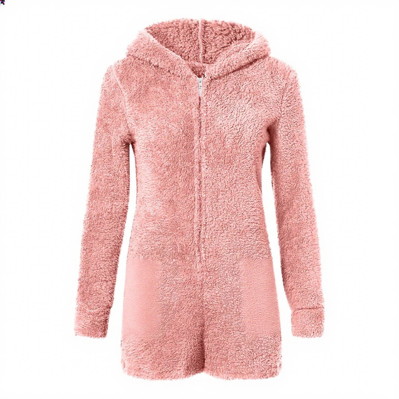 Womens Fleece Pajama Romper with Hoodie New Women's Warm Hooded Ears Hooded Jumpsuit Long Sleeve Shorts Zipper Jumpsuit Pocket Sleepwear Home Clothes Style B-4 Pinky S