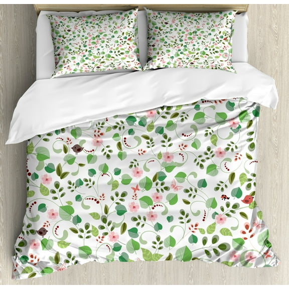 Nature Duvet Cover Set King Size, Birds Butterflies and Leaves Pattern Spring Season Flora and Fauna Arrangement, Decorative 3 Piece Bedding Set with 2 Pillow Shams, Pink and Green, by Ambesonne