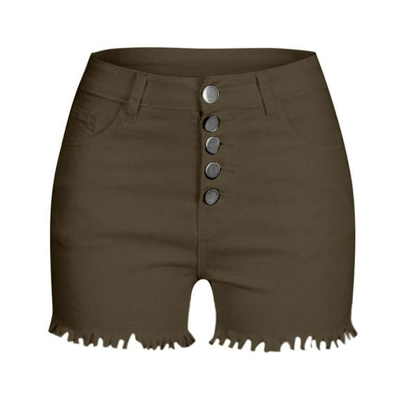 GZWYHT Shorts for Women,Jeans for Women,Women's Spring/Summer Solid Color High Belt Button Tassel Feet Denim Shorts,Jean Shorts,High Waisted Shorts,Denim Shorts,Army Green,L