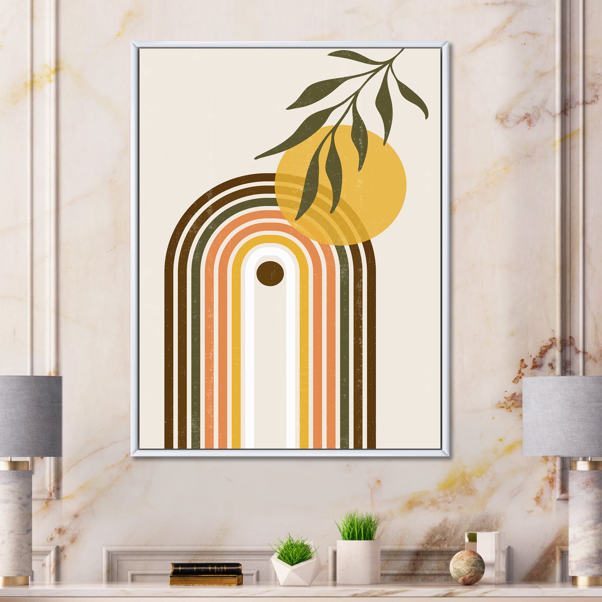 Designart 'Abstract Retro Rainbow With Yellow Sun' Modern Framed Canvas Wall Art Print