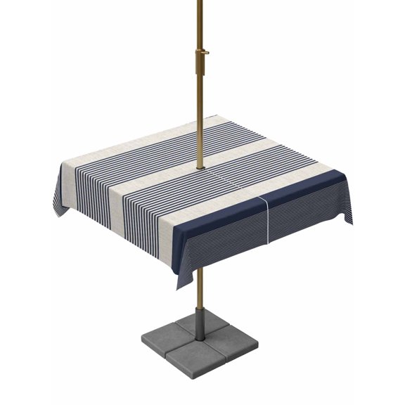 Outdoor Tablecloth with Umbrella Hole for Patio/Picnic/Party/Camping, Navy Blue Stripe Waterproof Table Cloth Square Cover Washable, Modern Minimalist Geomertic Striped Beige (60"x 60")