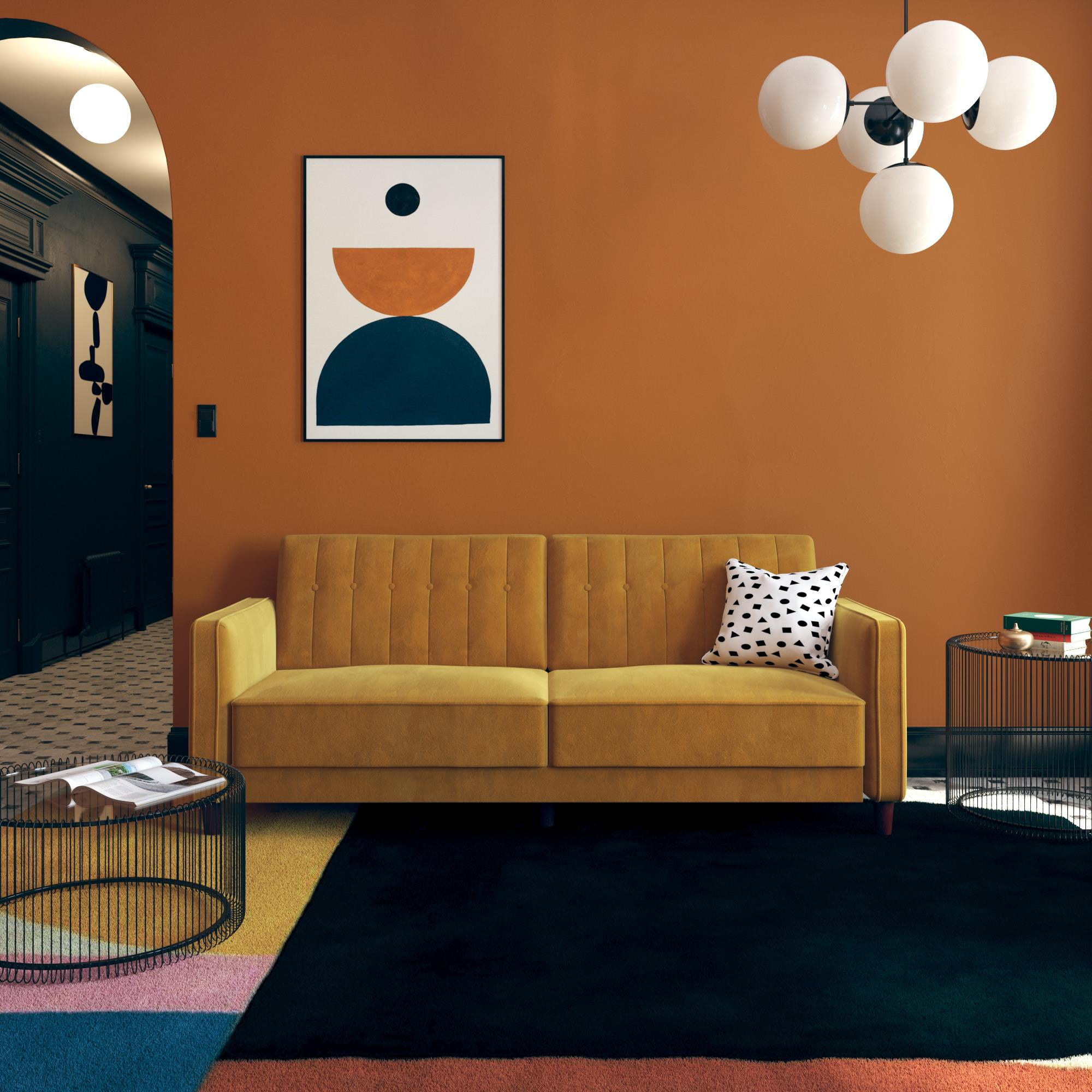 DHP Pin Tufted Sofa Bed in Velvet, Mustard Yellow