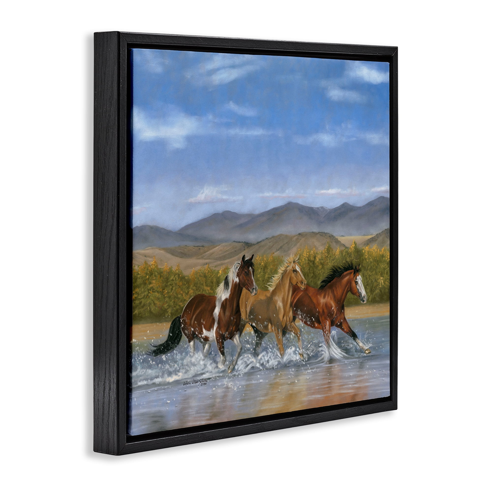 Stupell Industries Splashing River Horses Animals & Insects Painting Black Floater Framed Canvas Art Print Wall Art, 18 x 18