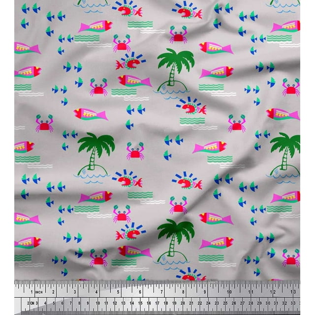 Soimoi Grey Velvet Fabric Palm Tree,Crab & Fish Ocean Decor Fabric Printed Yard 58 Inch Wide