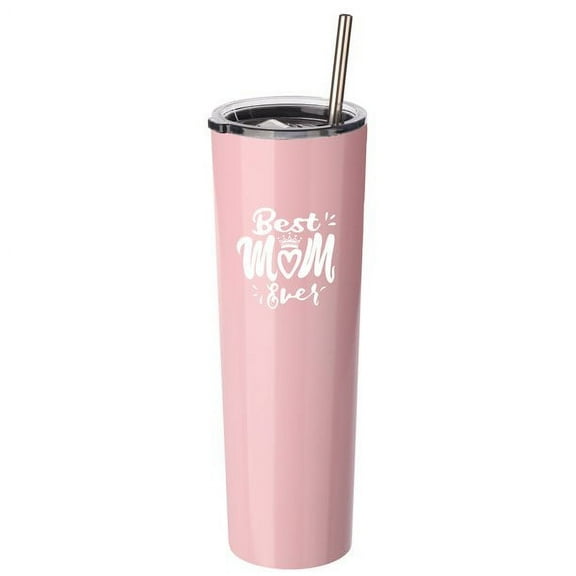 Best Mom Ever Gift - Ezprogear 34 oz Stainless Steel Insulated Ice Coffee Skinny Tumbler Mothers Day Gift with Lid & Straw (Pink)