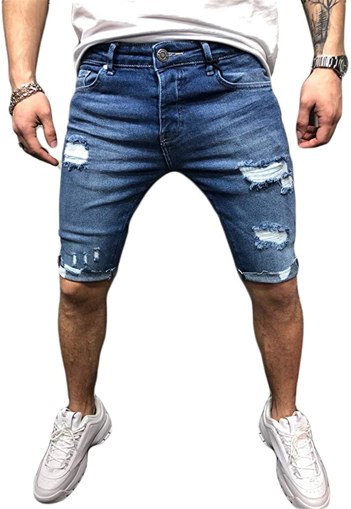 Men's Knee Length Short Jeans, Daily Elastic High Waist Stretchy Short