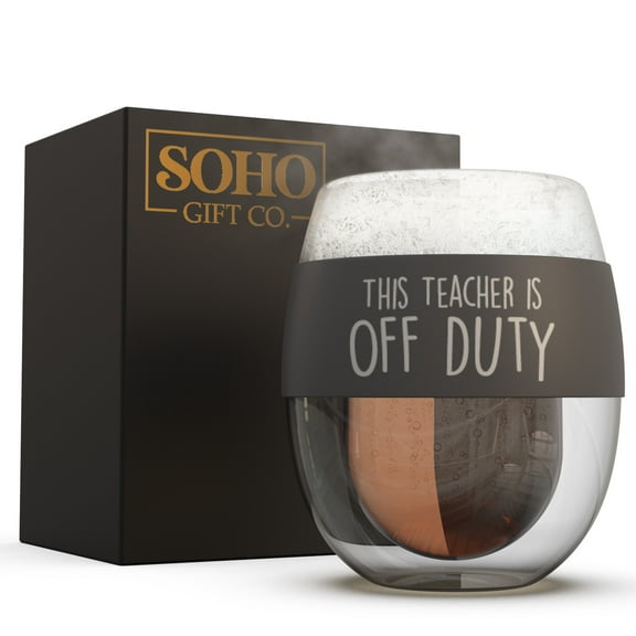 SoHo Stemless Wine Glass Gift for Teacher, Double Walled Insulated Chiller Freezer Cups for Cold Drinks (8.5oz) Gift for Christmas/Birthday "This Teacher is off Duty" (Gift Boxed)