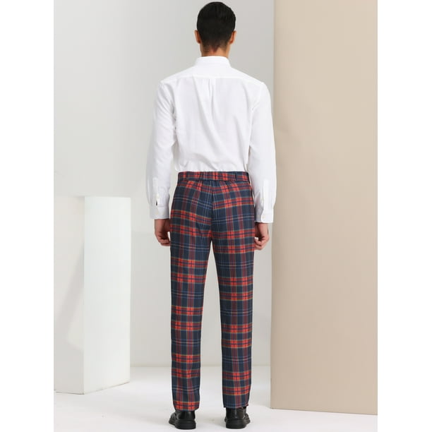 Pantalones a cuadros para hombre informales de corte regular con frente plano elasticos a cuadros rojo marino S Lars Amadeus Pantalones Walmart en linea