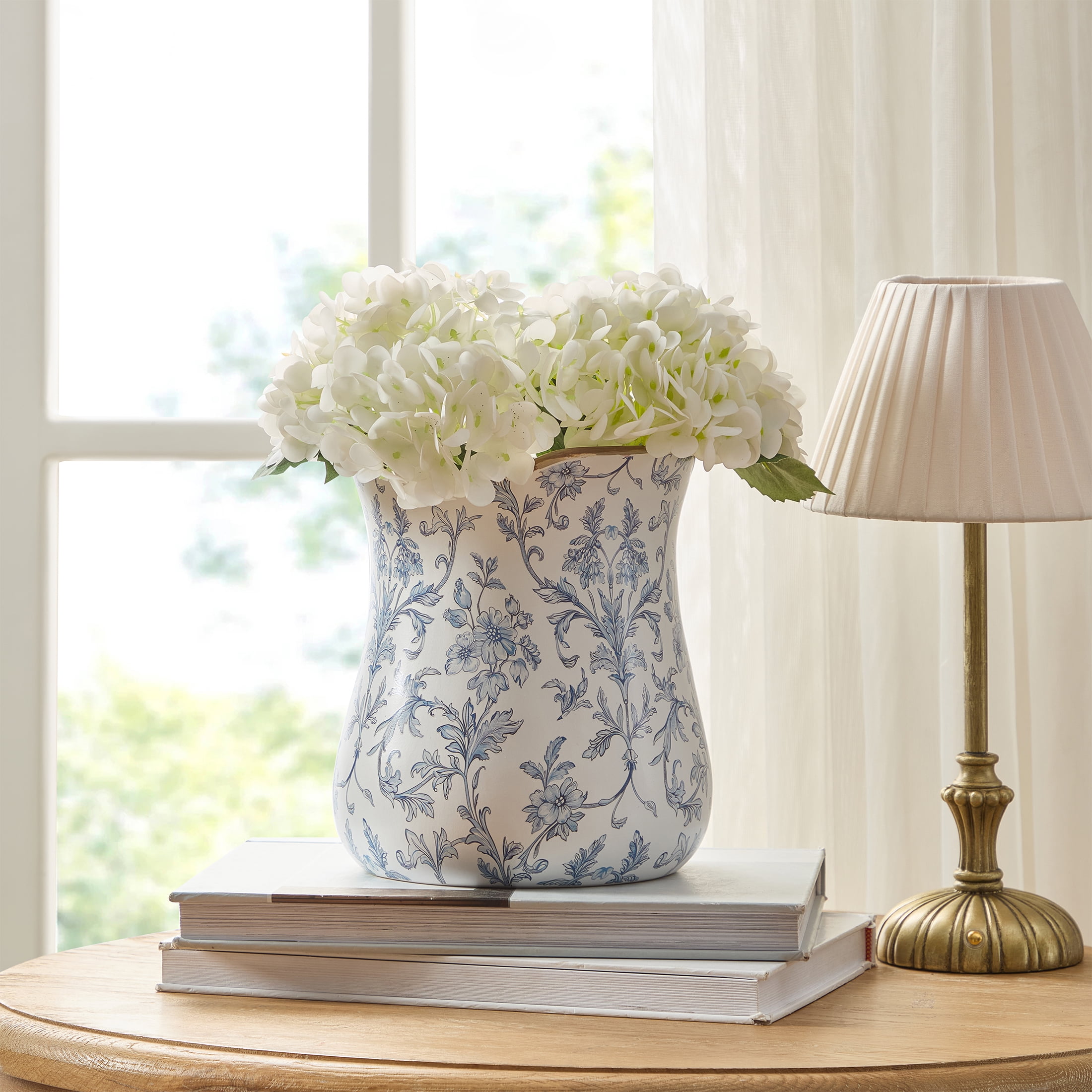 My Texas House 8" White/Blue Floral Scallop Trim Ceramic Vase