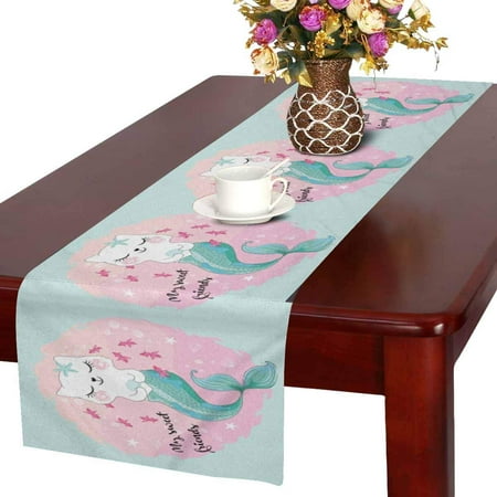 

MKHERT Cute Cartoon Cat Mermaid and Starfish Table Runner Home Decor for Wedding Banquet Decoration 16x72 Inch