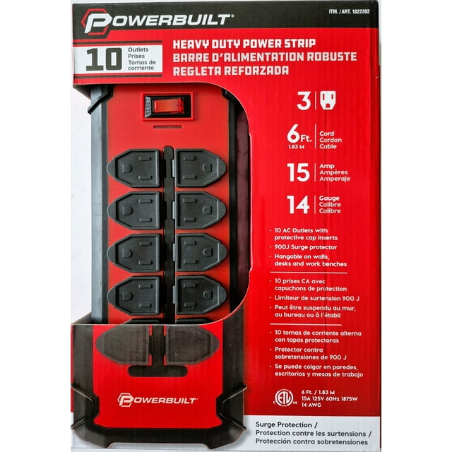 Powerbuilt Heavy Duty Power Strip, 10 Outlets, 6 ft Cord, Surge Protection