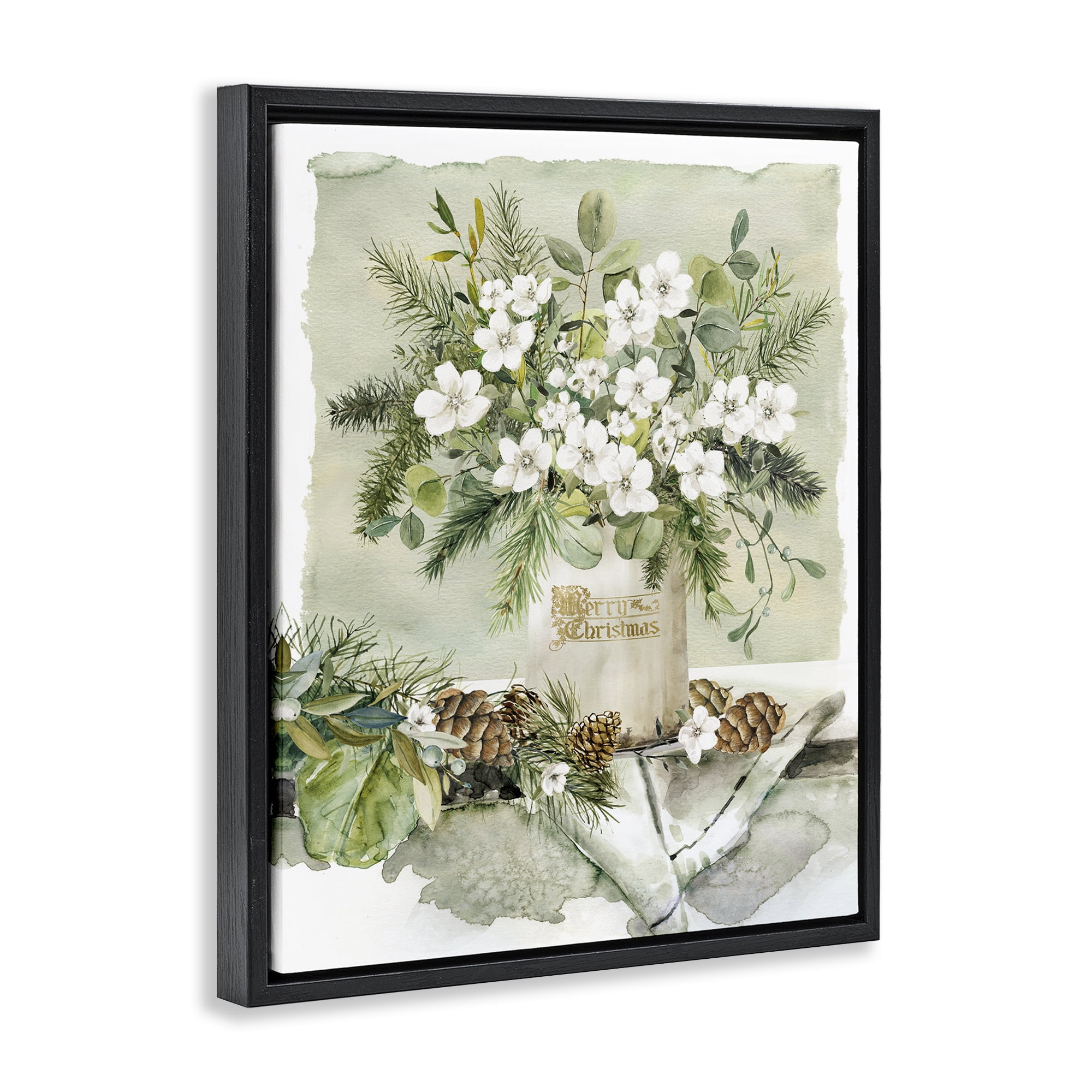 Stupell Industries White Christmas Flowers Vase Holiday Painting Black Floater Framed Canvas Art Prints Wall Art, 25 x 31