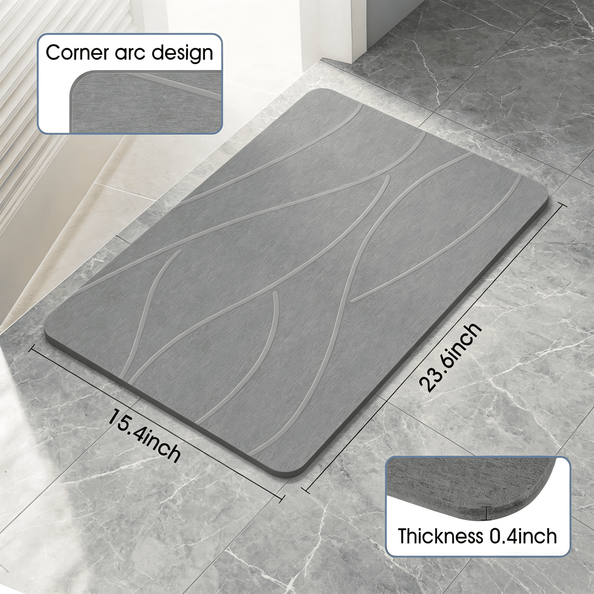 Diatomaceous Earth Bath Mat, Non-Slip Super Absorbent Stone Shower Mat for Bathroom Floor, Quick Drying Natural Diatomite, Easy to Clean, 23.6" x 15.4", Gray