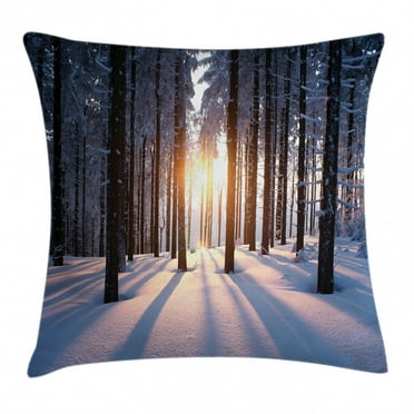 Winter Decorations Throw Pillow Cushion Cover, Mystic Appearance of Sunset in Woodlands with Freezing Nature Artwork,, Decorative Square Accent Pillow Case, 16 X 16 Inches, Brown White, by Ambesonne