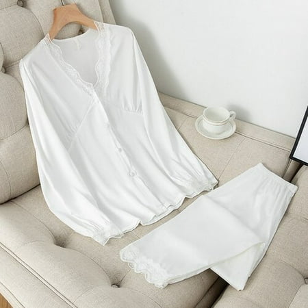 

PIKADINGNIS Women Silk Satin Sleepwear Set Long Sleeve Pant Soft Women Pajamas Button-Down Simple Homewear Lace Womens Set Pyjamas Mujer