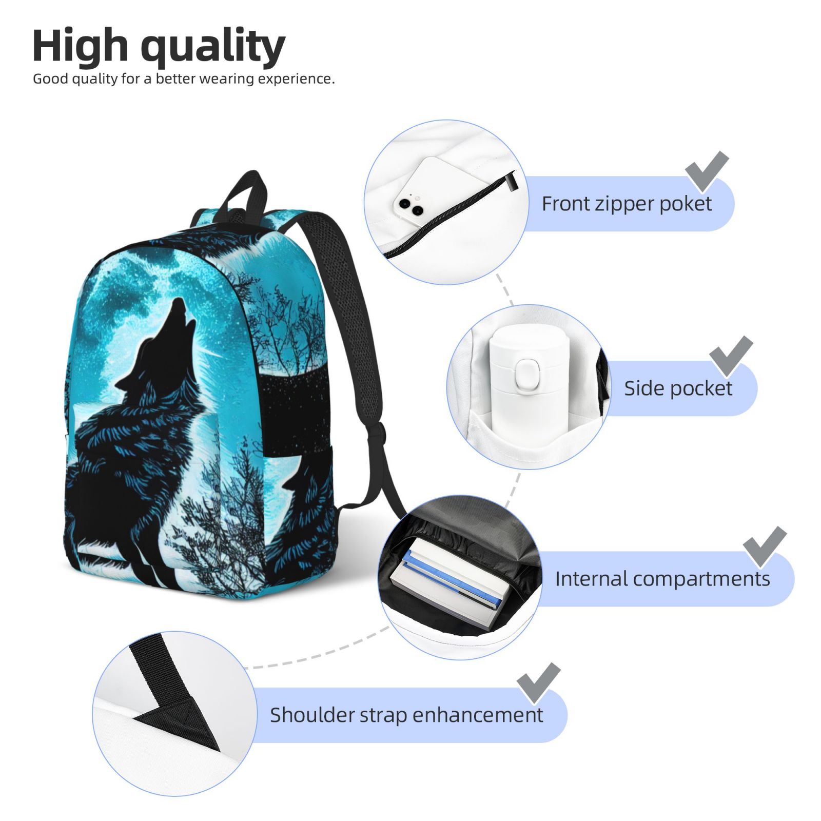 Kuqiui Blue Full Moon Wolf Print Canvas Travel Laptop Backpack for Men Women,Business Work Rucksack College School Computer Bag Fits 15.6 Inch Notebook