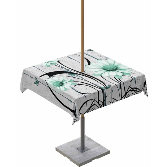 Outdoor Tablecloth with Umbrella Hole for Patio/Picnic/Party/Camping, Aqua Daisy Waterproof Table Cloth Square Cover Washable, Rustic Butterfly Floral Gray Wooden Grain 54"x 54"