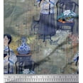 thumbnail image 1 of Soimoi Crepe Silk Fabric Flower Vase,Cat & Girl Human Figure Printed Fabric 1 Yard 42 Inch Wide, 1 of 1